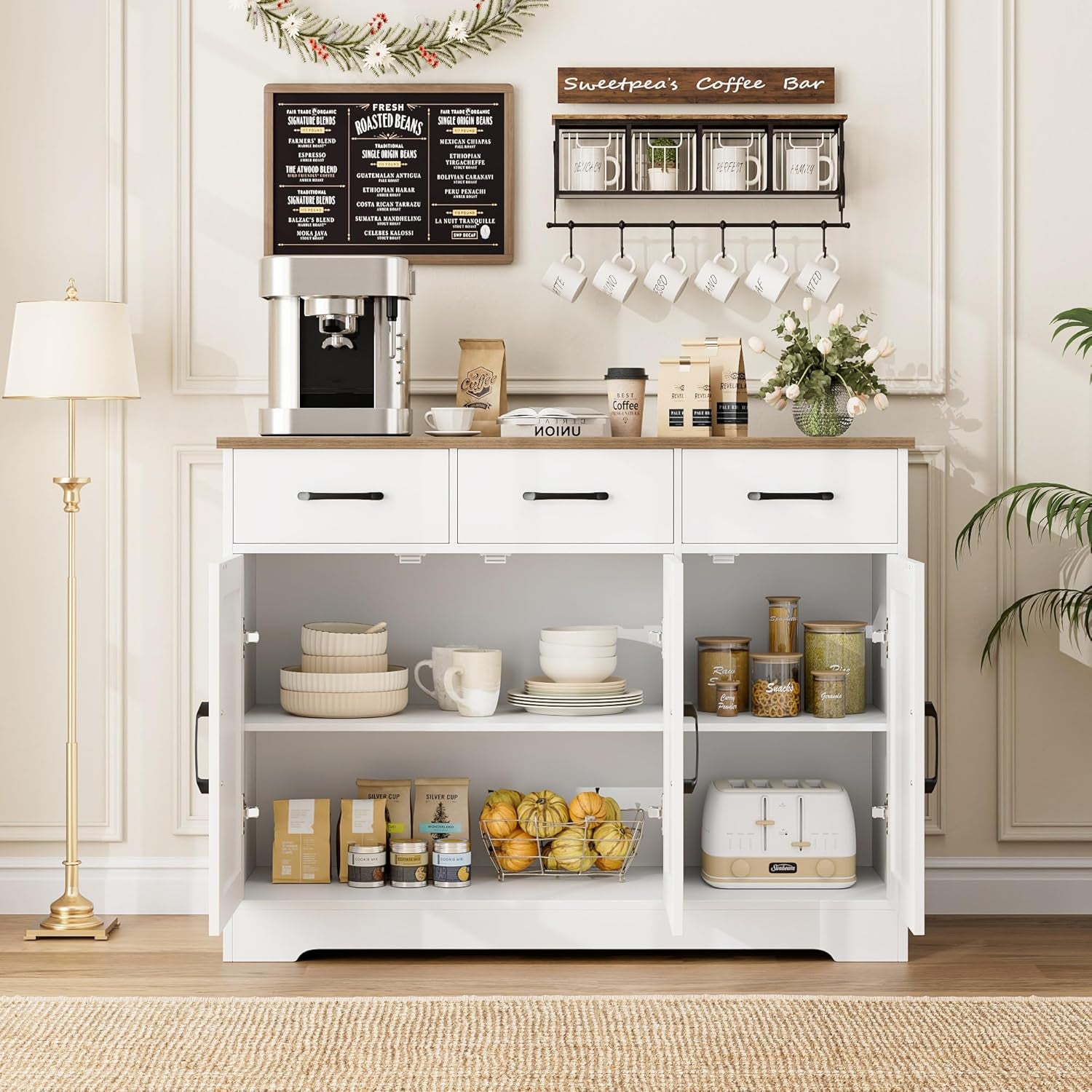 Modern Farmhouse Sideboard Buffet Cabinet, Barn Doors Buffet Storage Cabinet with Drawers and Shelves, Wood Coffee Bar Cabinet with Storage for Kitchen, Dining Room, Living Room, White