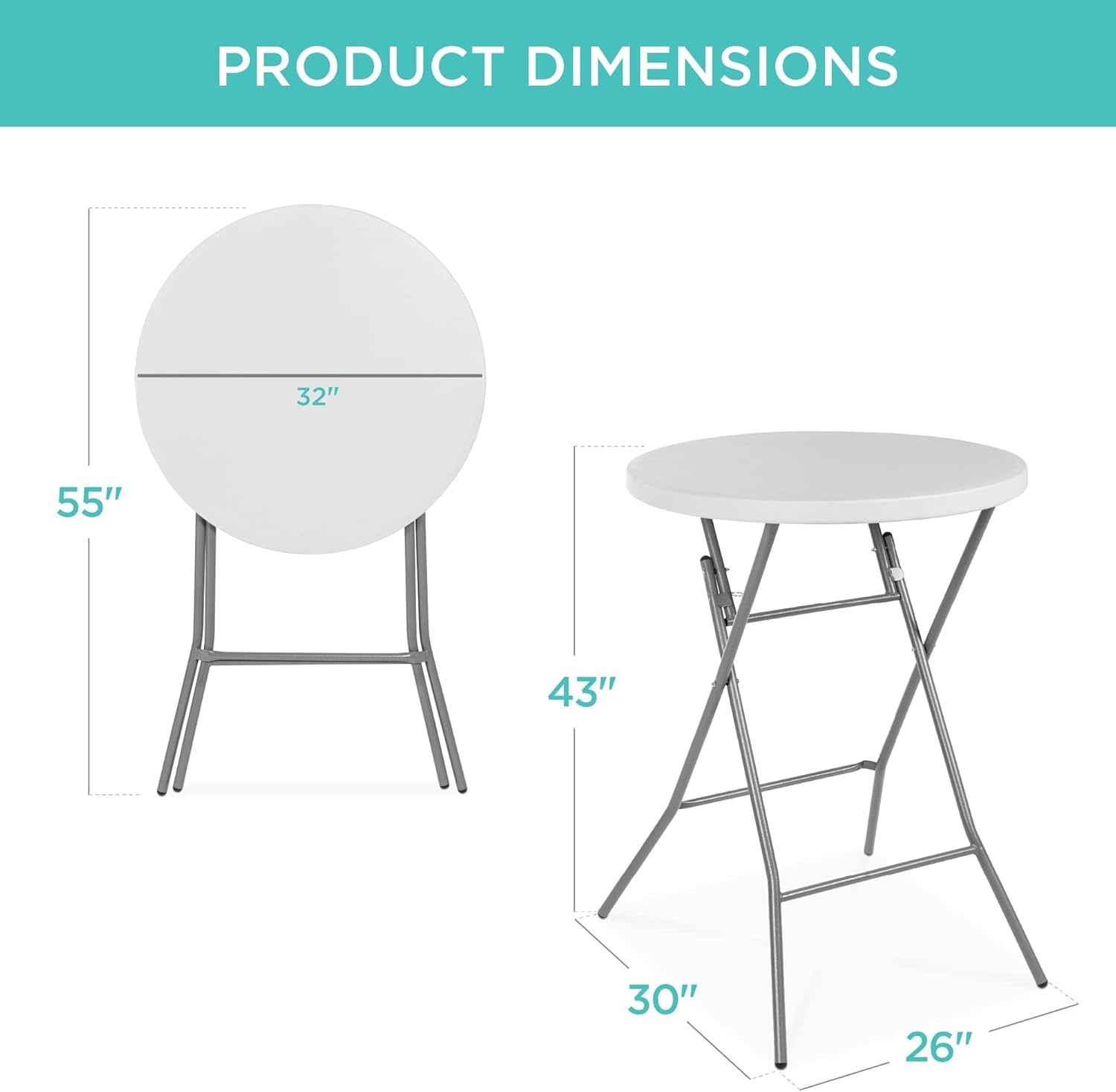 32In Bar Height Folding Table, round Indoor Outdoor Accessory for Patio, Backyard, Dining Room, Events W/Thick Table Top, Metal Frame, Locking Legs, 330Lb Weight Capacity - White