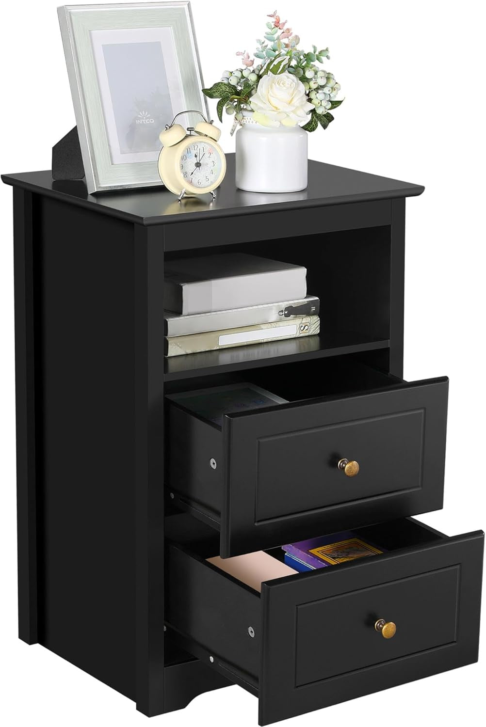 Tall Nightstand with 2 Drawer and 1 Open Shelf, 29&quot; High Bedside Table Wooden Flie Cabinet Telephone Table Bed Side Table with Storage for Bedroom Black