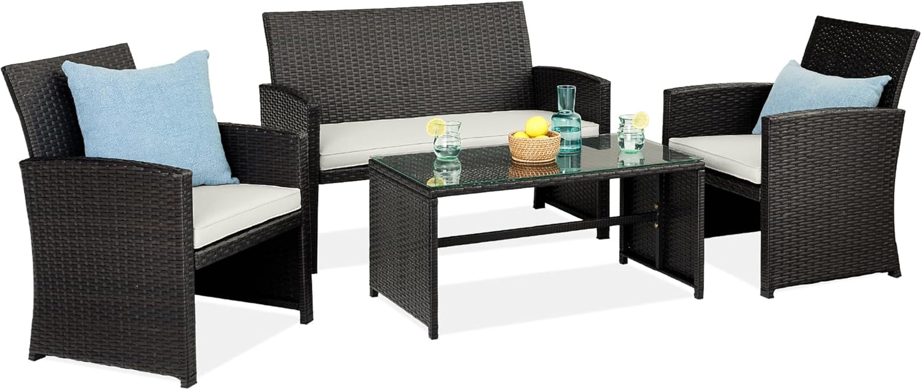 4-Piece Outdoor Wicker Patio Conversation Furniture Set for Backyard W/Coffee Table, Seat Cushions - Gray/Navy