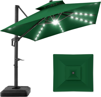 10X10Ft 2-Tier Square Cantilever Patio Umbrella with Solar LED Lights, Offset Hanging Outdoor Sun Shade for Backyard W/Included Fillable Base, 360 Rotation - Burgundy