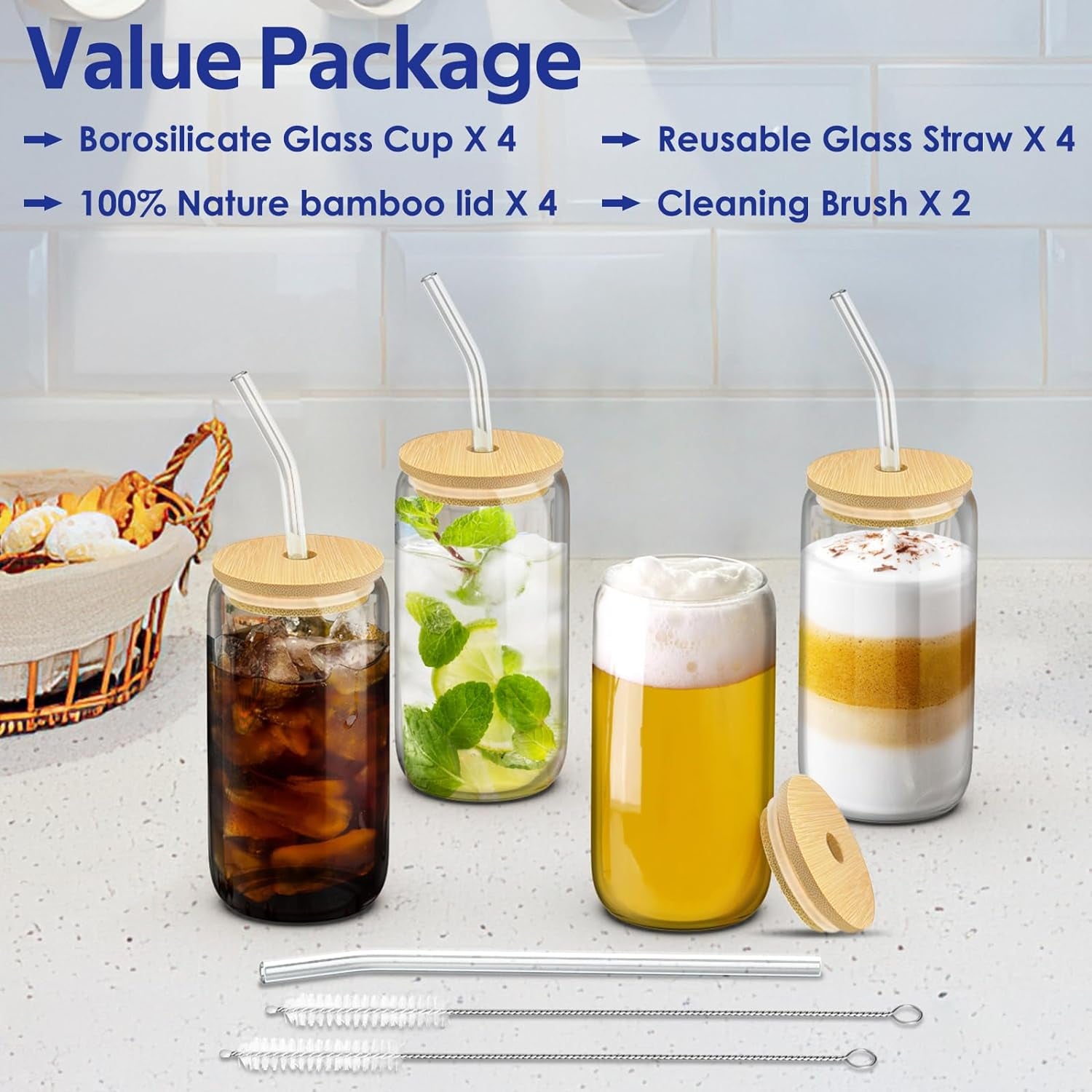 4 Set Glass Cups with Lids and Straws 16 Oz, Glasses Drinking Set, Iced Coffee Cup with Bamboo Lids, Drinking Glasses Tumbler with Straw and Lid, Glass Can Coffee Cups, Drinking Glassware, 2 Brushes