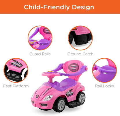 Kids 3-In-1 Push and Pedal Car Toddler Ride on W/Handle, Horn, Music - Pink