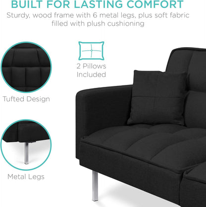 Convertible Linen Fabric Tufted Split-Back Plush Futon Sofa Furniture for Living Room, Apartment, Bonus Room, Overnight Guests W/ 2 Pillows, Wood Frame, Metal Legs - Black