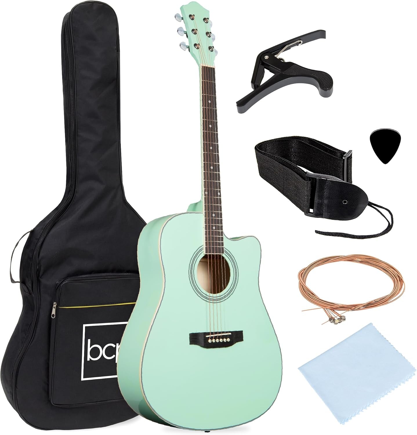 41In Beginner Acoustic Guitar Full Size All Wood Cutaway Guitar Starter Set Bundle with Case, Strap, Capo, Strings, Picks - Black