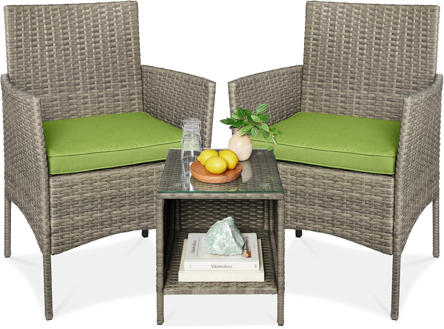 3-Piece Outdoor Wicker Conversation Bistro Set, Space Saving Patio Furniture for Garden W/Side Table - Gray/Navy