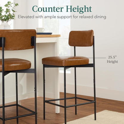 Set of 2 Faux Leather Bar Stools, Armless Counter Height for Kitchen Island, Home, Dining W/Metal Frame - Camel Brown