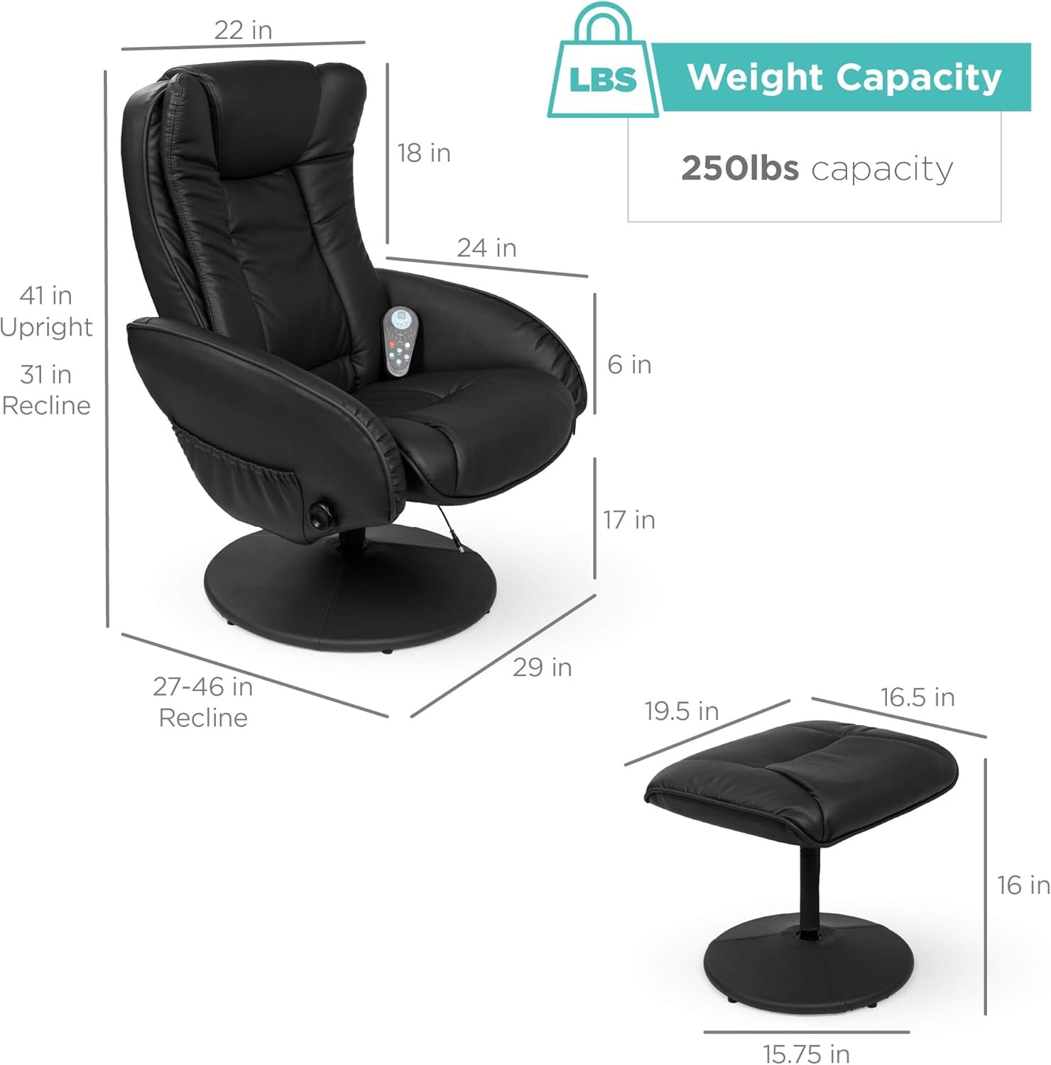 Faux Leather Electric Massage Recliner W/Stool Footrest Ottoman, Remote Control, 5 Heat &amp; Massage Modes, Side Pockets - Black