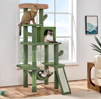 Cactus Cat Tree, 63″ H Multi-Level Cat Tower for Indoor Cats, Cat Climbing Tower Tall Cat Tree with Sisal-Covered Scratching Posts &amp; Condo &amp; Hammock, Cat Furniture Activity Center for Kitten