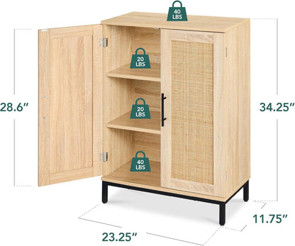 2-Door Natural Rattan 34 X 24In Multiuse Storage Cabinet for Bathroom, Living, Dining Room, Entryway W/Adjustable Shelves