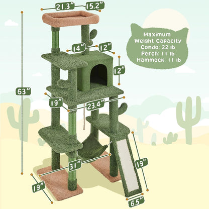 Cactus Cat Tree, 63″ H Multi-Level Cat Tower for Indoor Cats, Cat Climbing Tower Tall Cat Tree with Sisal-Covered Scratching Posts &amp; Condo &amp; Hammock, Cat Furniture Activity Center for Kitten