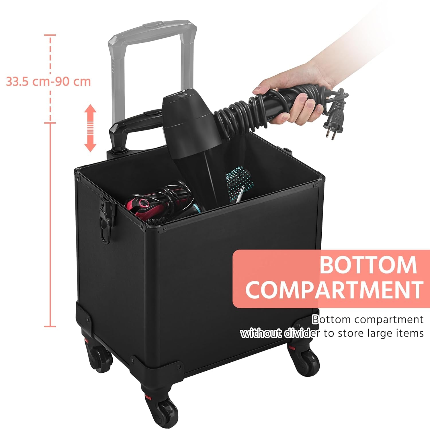 4 in 1 Professional Makeup Train Case Aluminum Cosmetic Case Rolling Makeup Case Extra Large Trolley Makeup Travel Organizer, with 360° Swivel Wheels, Black