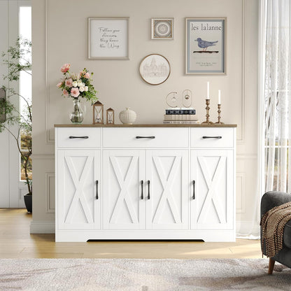 Buffet Cabinet with Drawers, 55&quot; Large Sideboard Buffet Storage Cabinet with Shelves and Doors, Modern Farmhouse Coffee Bar Cabinet Wood Buffet Table for Kitchen, Dining Room, White/Rustic