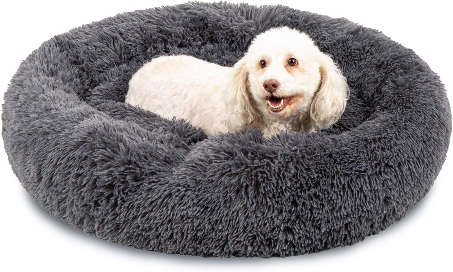 45In Dog Bed Self-Warming Plush Shag Fur Donut Calming Pet Bed Cuddler W/Water-Resistant Lining, Raised Rim - Brown