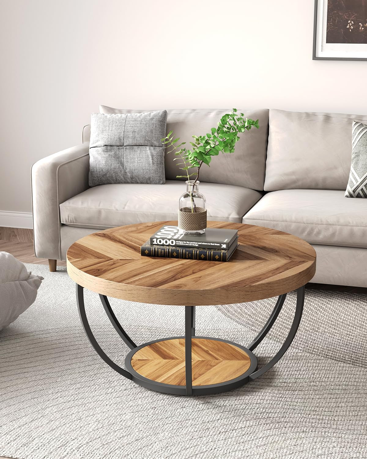 round Coffee Table, 32&quot; Circle Coffee Table for Living Room, 2-Tier Wood Accent Center Table with Open Storage Industrial Design Home Furniture (Wood Grain and Black)