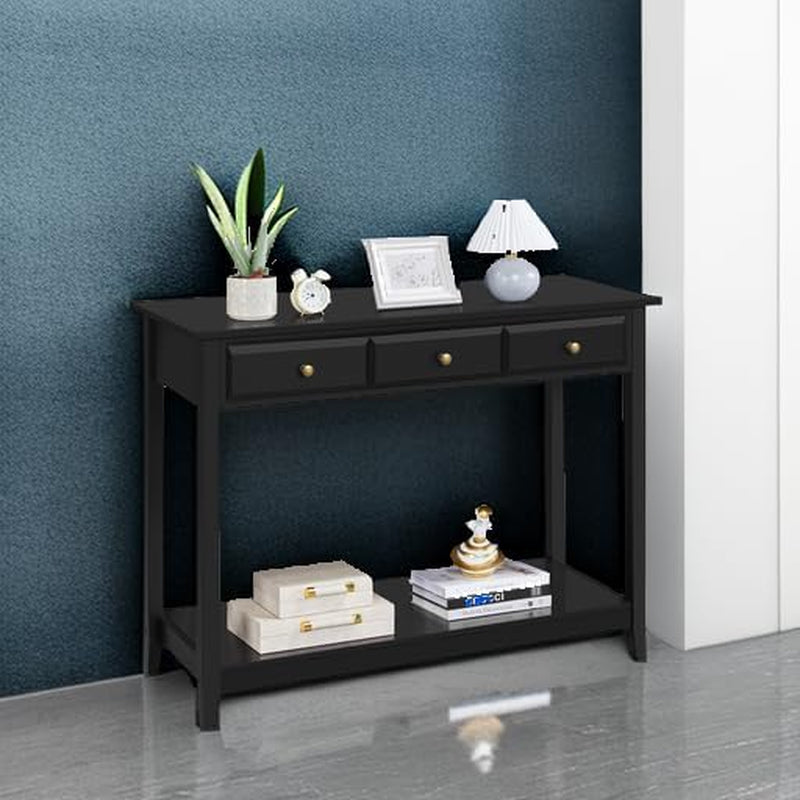 Console Table with 3 Drawers, Wood Entryway Table with Storage Shelf, Sofa Table Narrow Long for Living Room, Entryway, Hallway, Foyer, Black