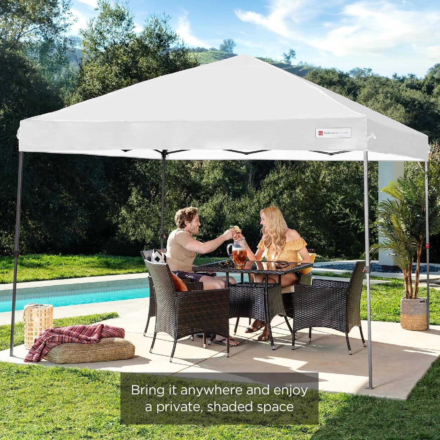 10X10Ft 1-Person Setup Pop up Canopy Tent Instant Portable Shelter W/ 1-Button Push, Case, 4 Weight Bags - White