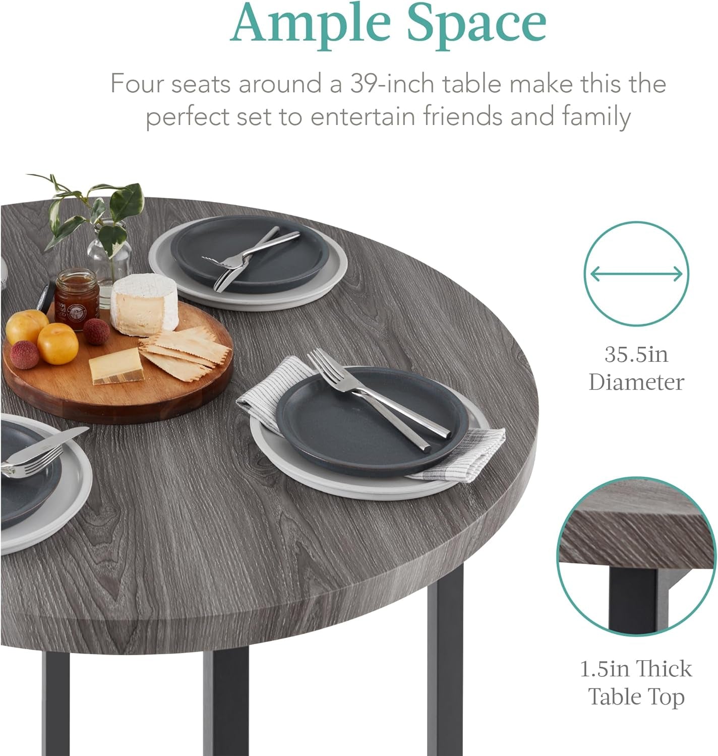 5-Piece Modern round Counter Height Dining Set for Home Kitchen, Dining Room W/ 4 Chairs, 1.5In Thick Table - Gray