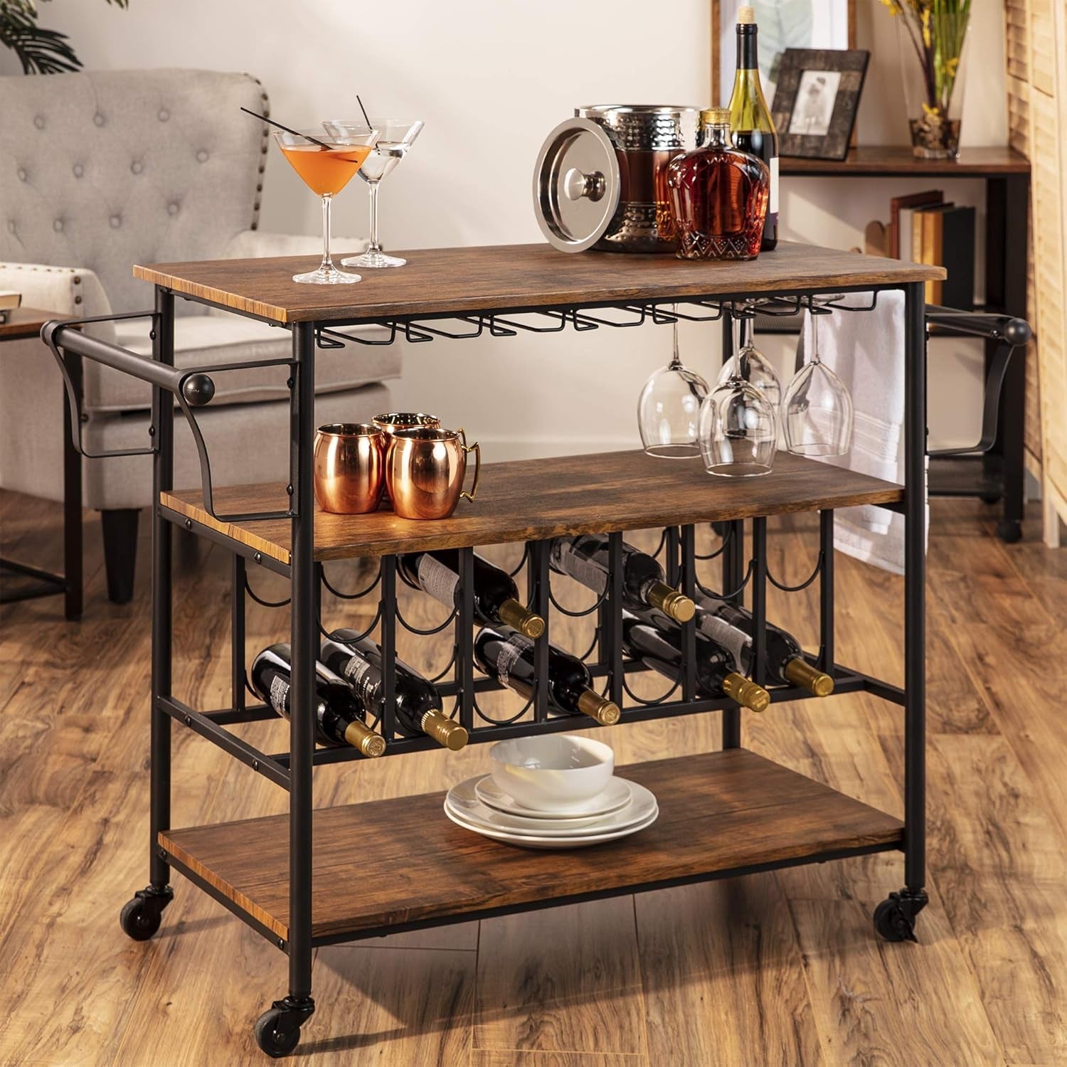 45In Industrial Wood Shelf Bar &amp; Wine Storage Service Cart Trolley W/ 14 Bottle &amp; 18 Glass Racks, Locking Caster Wheels