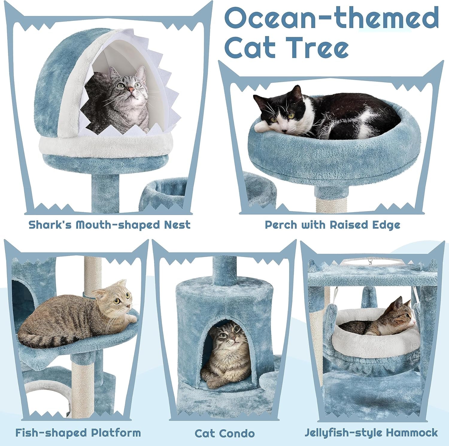 61In Tall Ocean-Themed Cat Tree, Multi-Level Cat Tower with Shark&