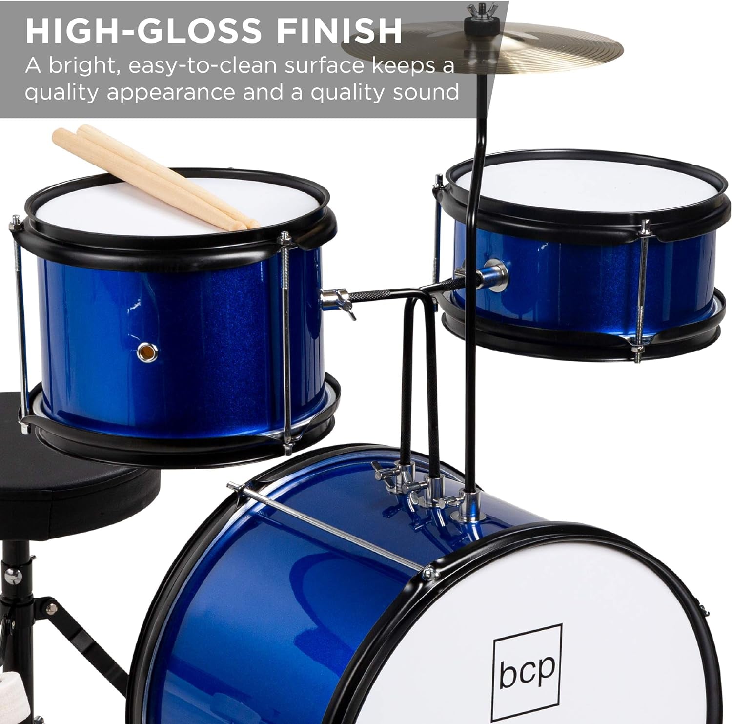 Kids Drum Set 3-Piece Beginner Drum Set Junior Drum Set, W/ Throne Stool, Cymbal, Drum Sticks, Bass Drum Pedal, 2 Toms - Blue