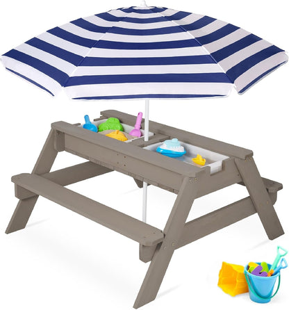 Kids 3-In-1 Sand &amp; Water Table, Wood Outdoor Convertible Picnic Table W/Umbrella, 2 Trays, Removable Top - Walnut/Beige