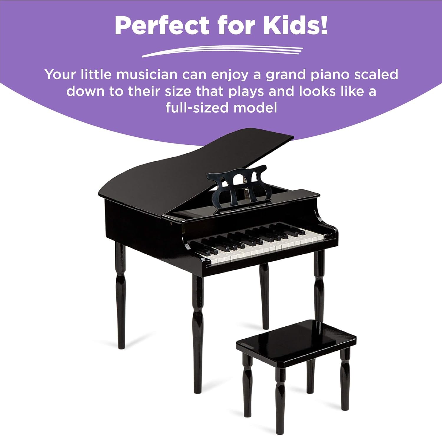 Kids Classic Wooden 30-Key Mini Grand Piano Musical Instrument Toy W/Piano Lid, Bench, Foldable Music Rack, Song Book, Note Stickers, Enamel Finish - Black