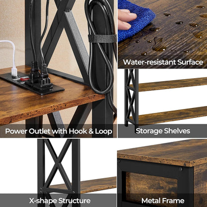 Console Table with 2 Outlets and 2 USB Ports, Industrial Entryway Table with Drawer and Storage Shelves, Narrow Sofa Table with Metal Frame for Living Room, Hallway, Rustic Brown