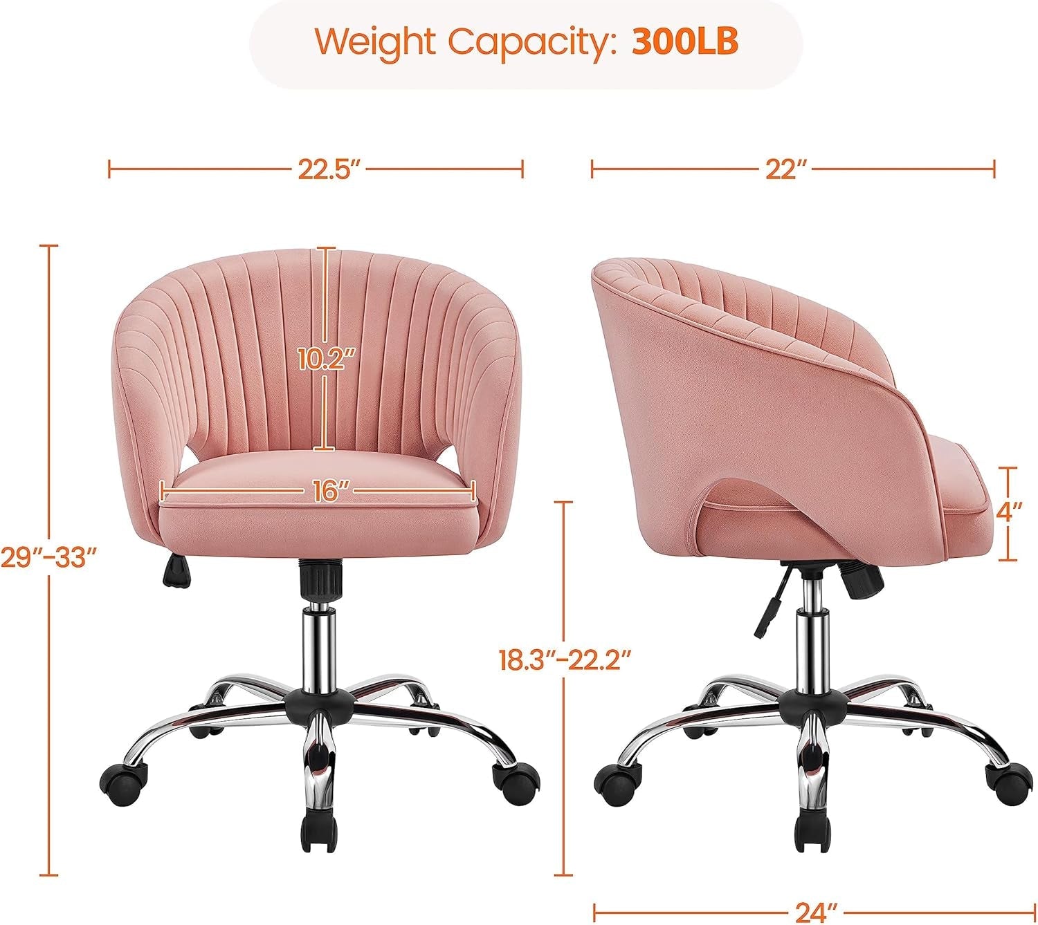 Pink Desk Chair Vanity Chair with Back Home Office Chair Cute Desk Chair Modern Swivel Rolling Chair Computer Chair for Study, Vanity, Bedroom