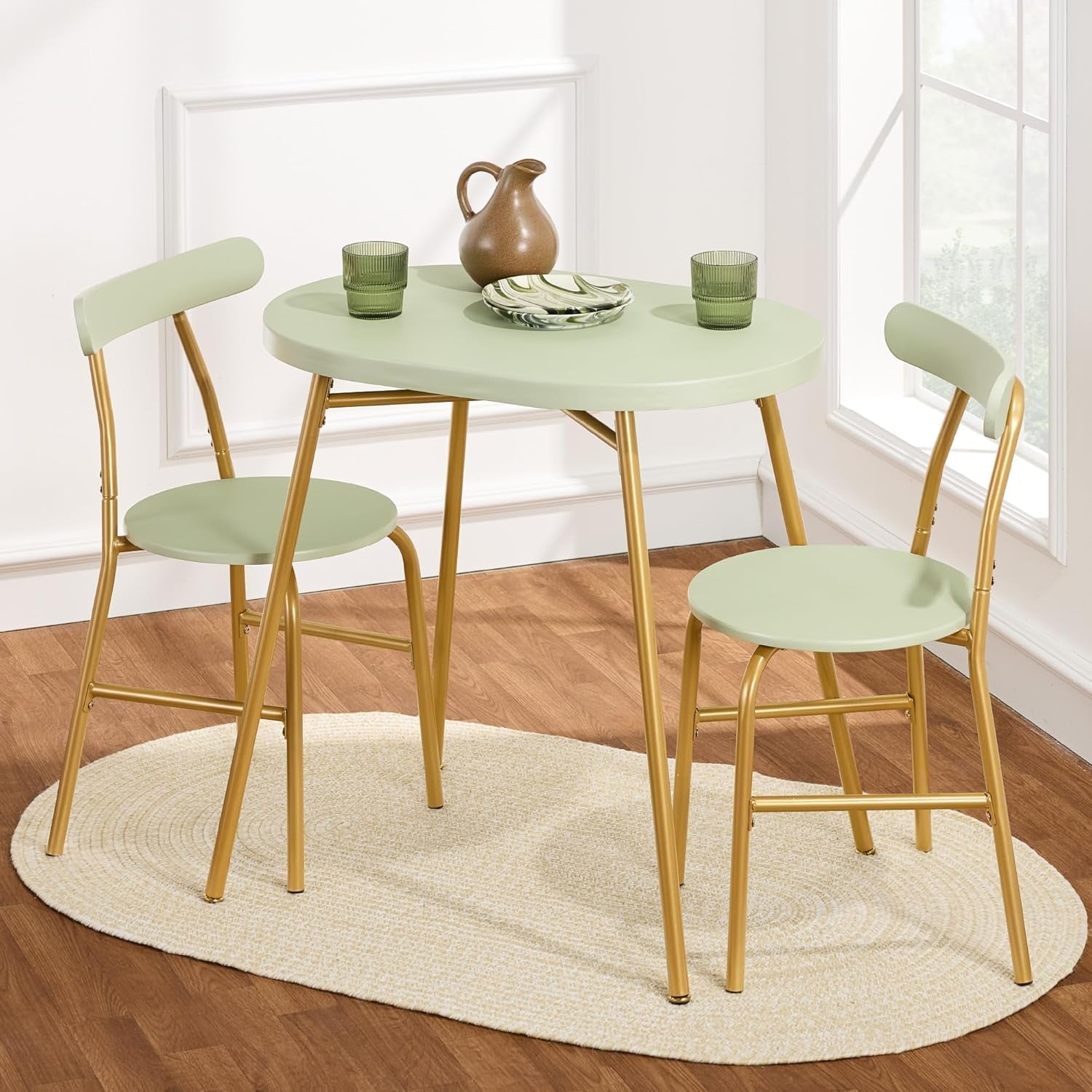 3-Piece Modern Oval Dining Table Set, Small Kitchen Dinette W/ 2 Chairs, Metal Frame, Curved Backrests - Pink/Gold