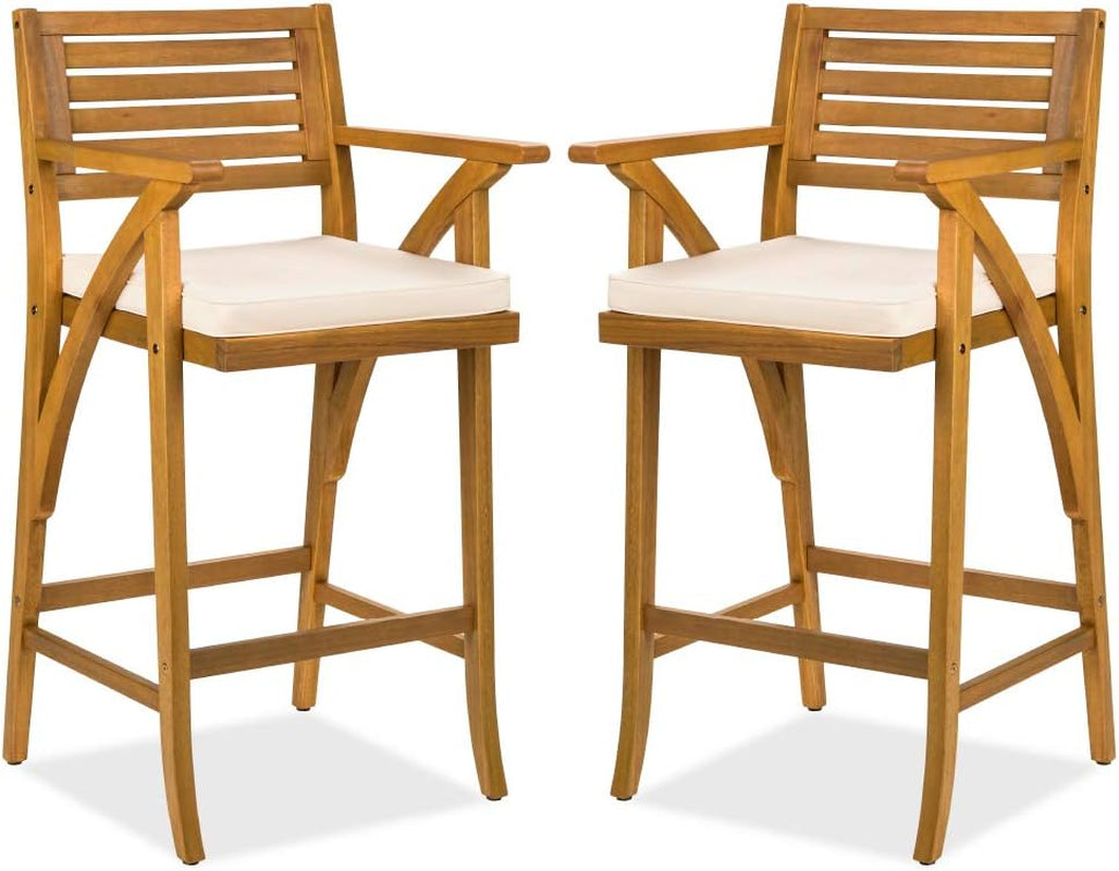 Set of 2 Outdoor Acacia Wood Bar Stools Bar Chairs for Patio, Pool, Garden W/Weather-Resistant Cushions - Teak Finish