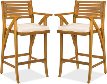 Set of 2 Outdoor Acacia Wood Bar Stools Bar Chairs for Patio, Pool, Garden W/Weather-Resistant Cushions - Teak Finish