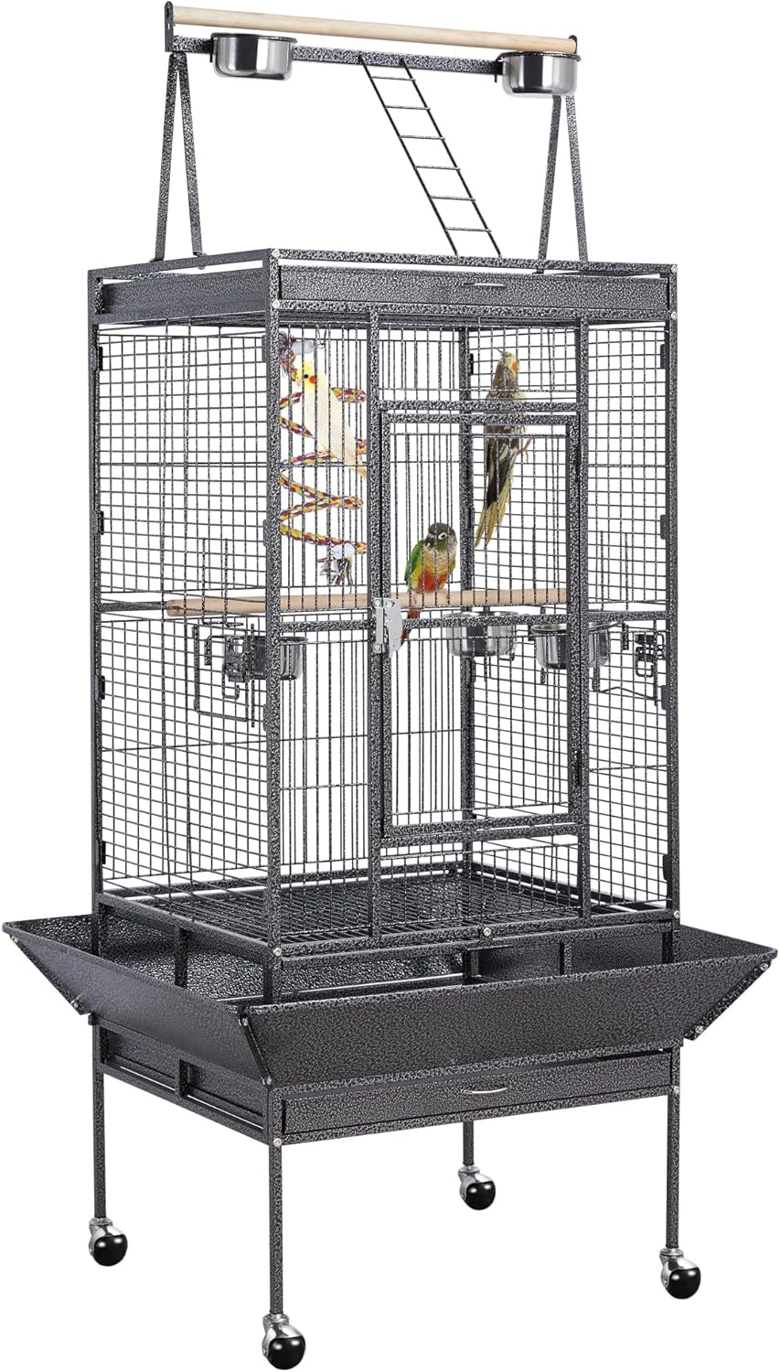 69-Inch Wrought Iron Rolling Large Parrot Bird Cage for African Grey Small Quaker Amazon Cockatiel Sun Parakeet Green Cheek Conure Dove Lovebird Budgie Play Top with Stand