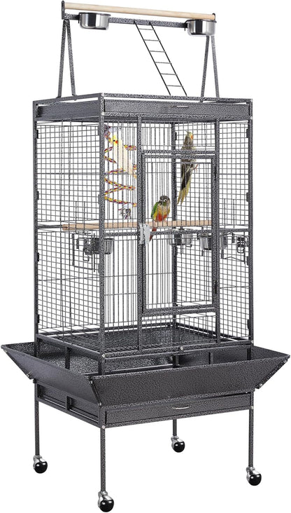 69-Inch Wrought Iron Rolling Large Parrot Bird Cage for African Grey Small Quaker Amazon Cockatiel Sun Parakeet Green Cheek Conure Dove Lovebird Budgie Play Top with Stand