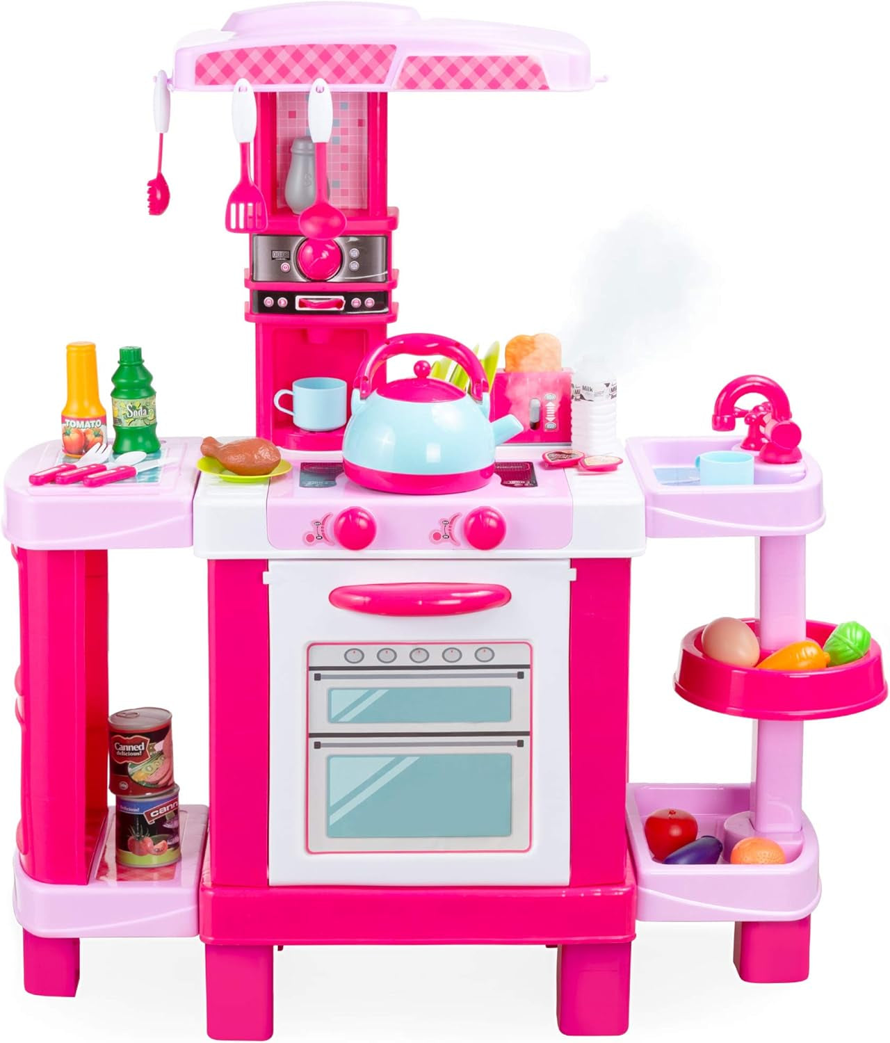 Pretend Play Kitchen Toy Set for Kids with Water Vapor Teapot, 34 Accessories, Sounds, Realistic Design, Utensils, Oven, Food, Sink - Pink