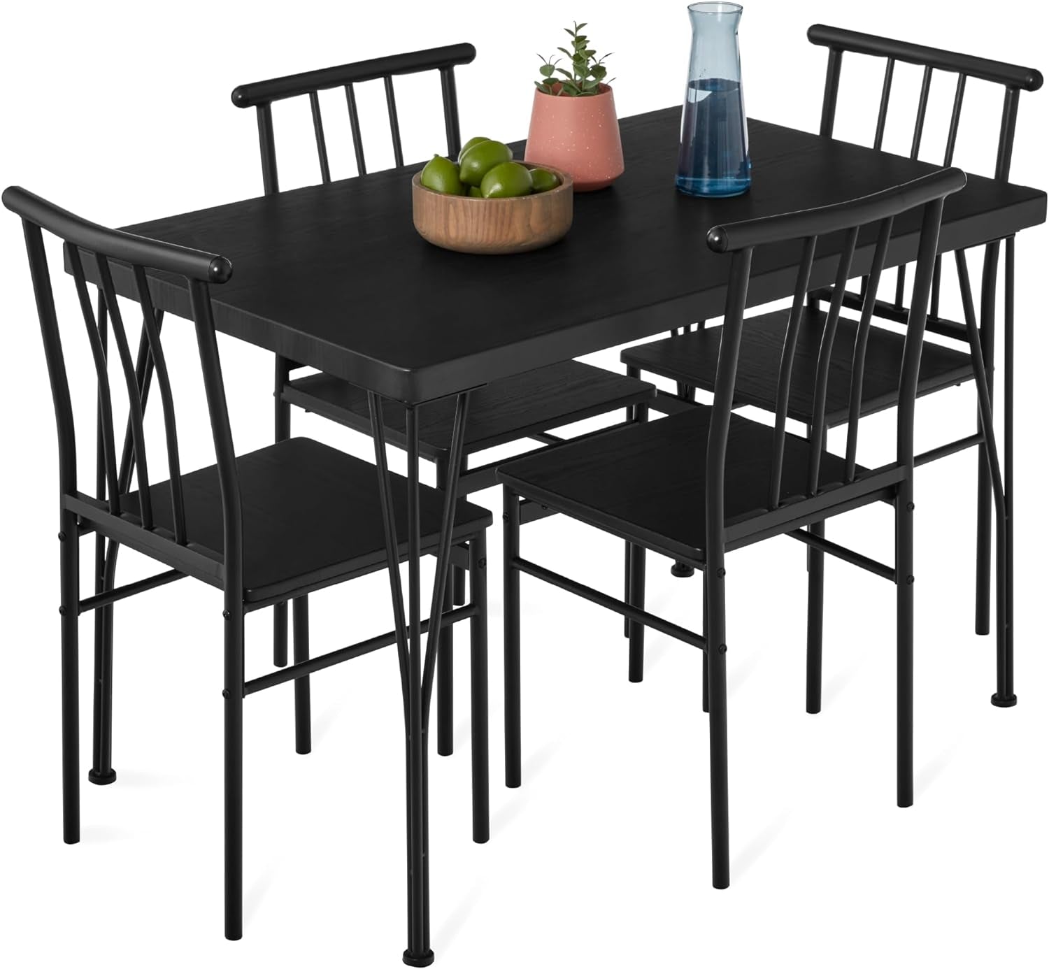 5-Piece Metal and Wood Indoor Modern Rectangular Dining Table Furniture Set for Kitchen, Dining Room, Dinette, Breakfast Nook W/ 4 Chairs - Brown