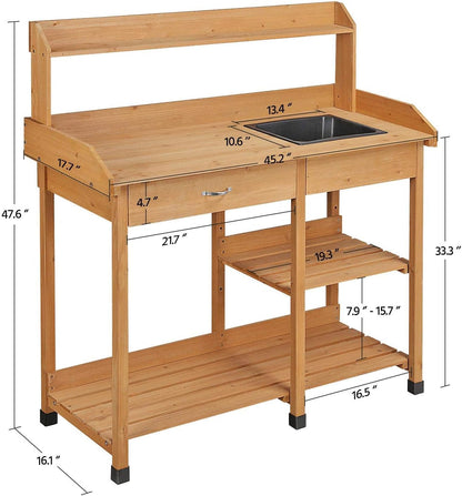 Potting Bench Outdoor Garden Work Bench Station Planting Solid Wood Construction for Horticulture W/Sink Drawer Rack Shelves Natural Wood