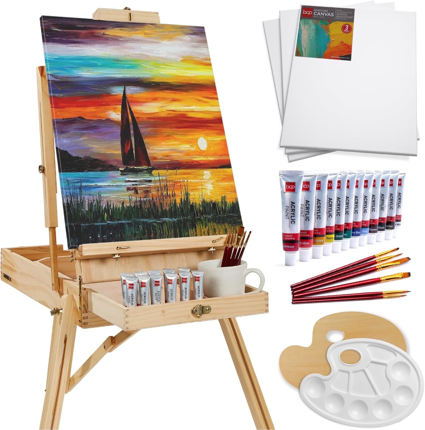 French Easel, 32Pc Beginners Kit Portable Wooden Folding Adjustable Sketch Box Artist Tripod for Painting, Drawing W/Acrylic Paints, Brushes, Canvases, Palettes - Natural