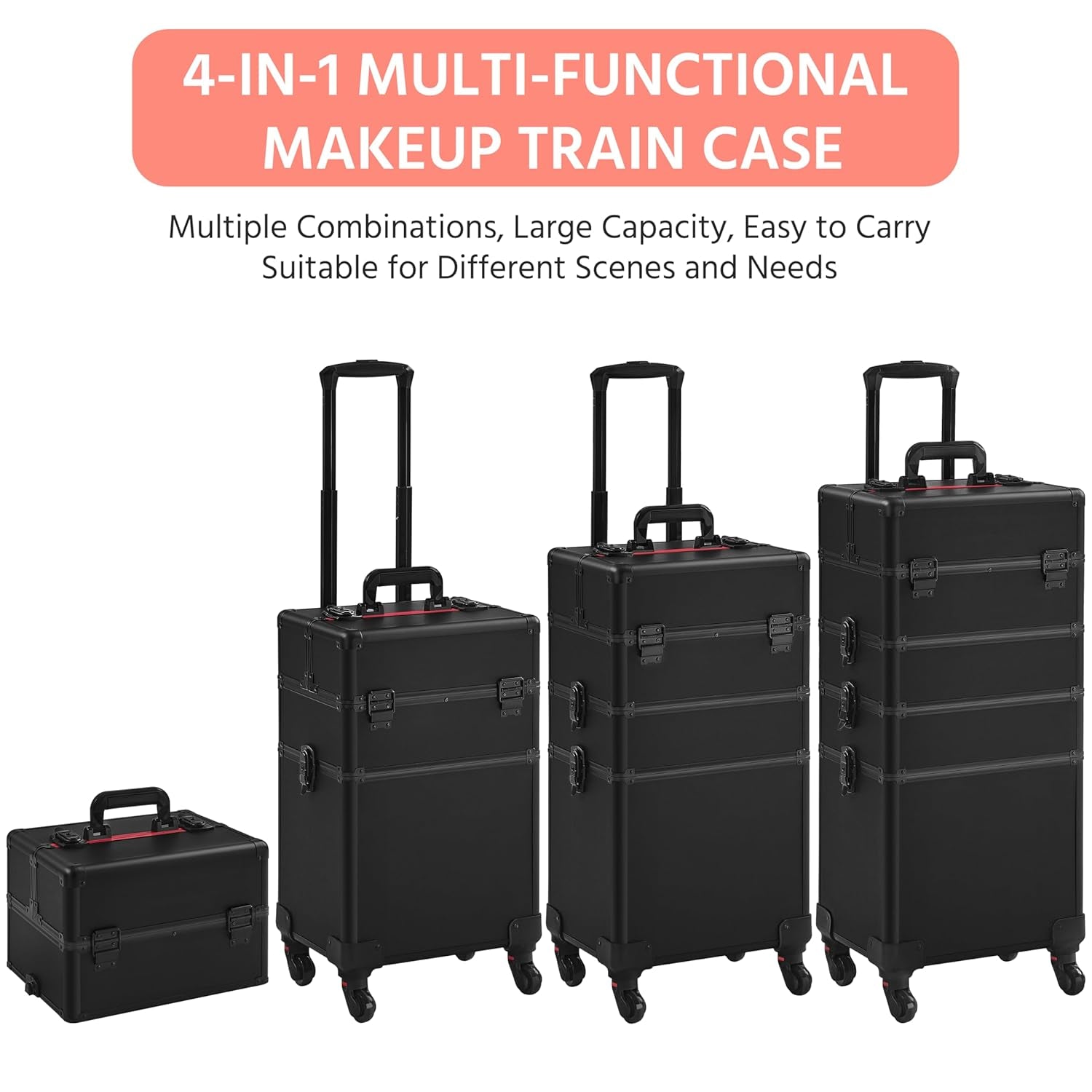 4 in 1 Professional Makeup Train Case Aluminum Cosmetic Case Rolling Makeup Case Extra Large Trolley Makeup Travel Organizer, with 360° Swivel Wheels, Black