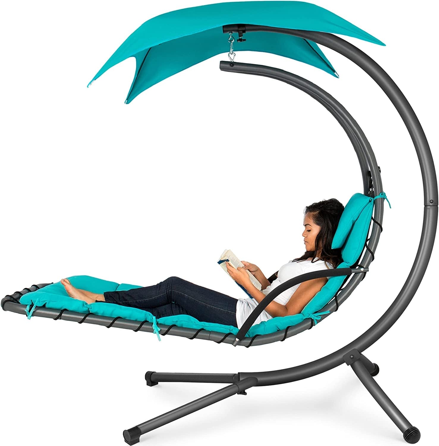 Outdoor Hanging Curved Steel Chaise Lounge Chair Swing W/Built-In Pillow and Removable Canopy - Teal