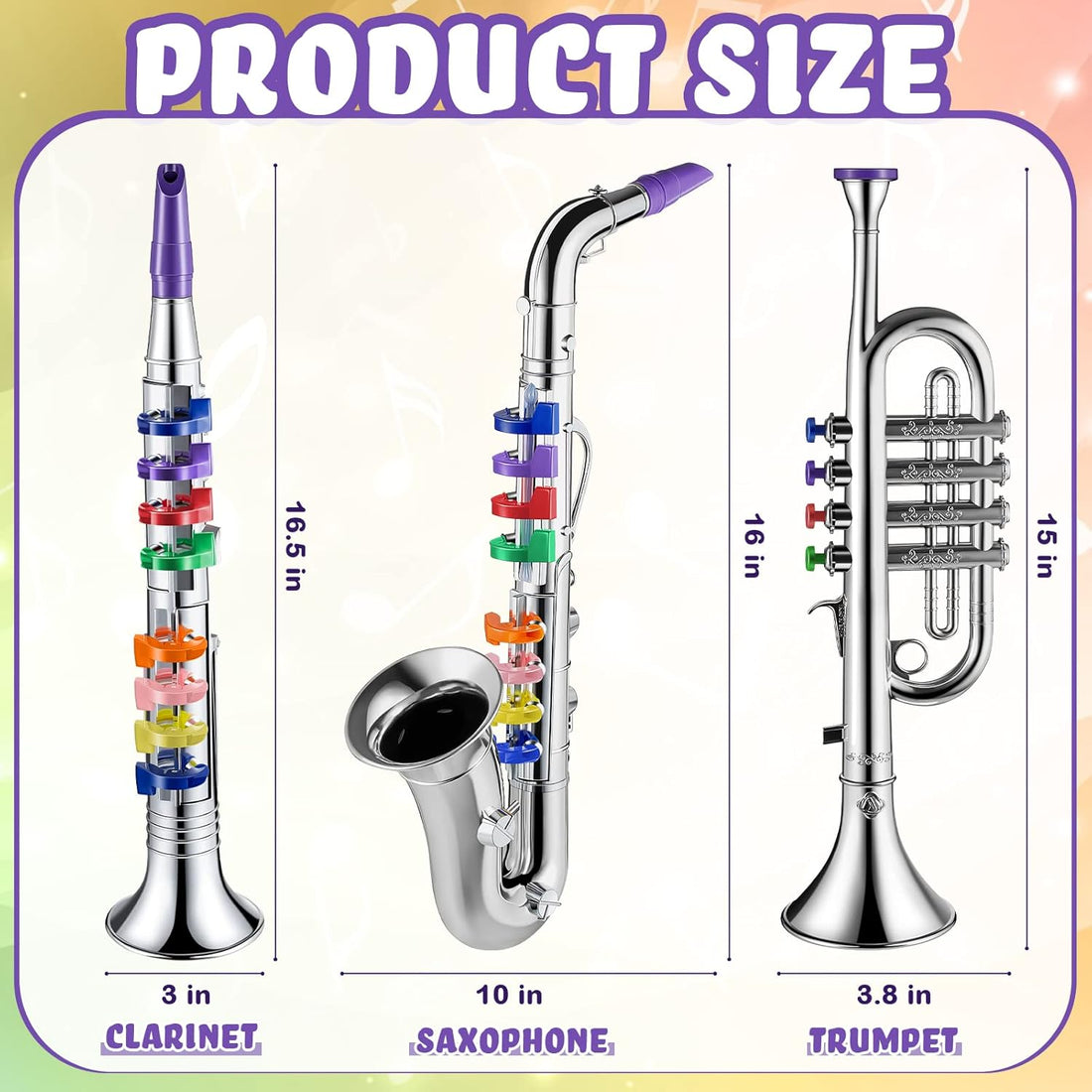 Set of 3 Saxophone for Kids Musical Instruments Toy Saxophone Toy Trumpet and Clarinet with 8 Colored Coded Keys Teaching Songs Gifts for Toddlers Children(Silver)