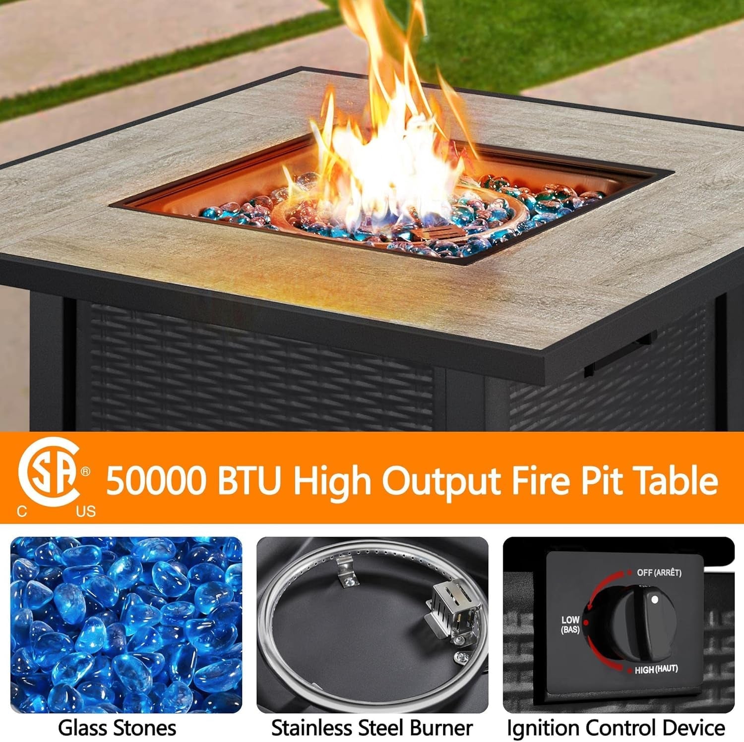 30&quot; Propane Gas Fire Pit Table 50,000 BTU Square Gas Fire Table with Ceramic Tabletop and Blue Fire Glass for Outdoor/Patio with Rattan Pattern Steel Base/Lid, Black