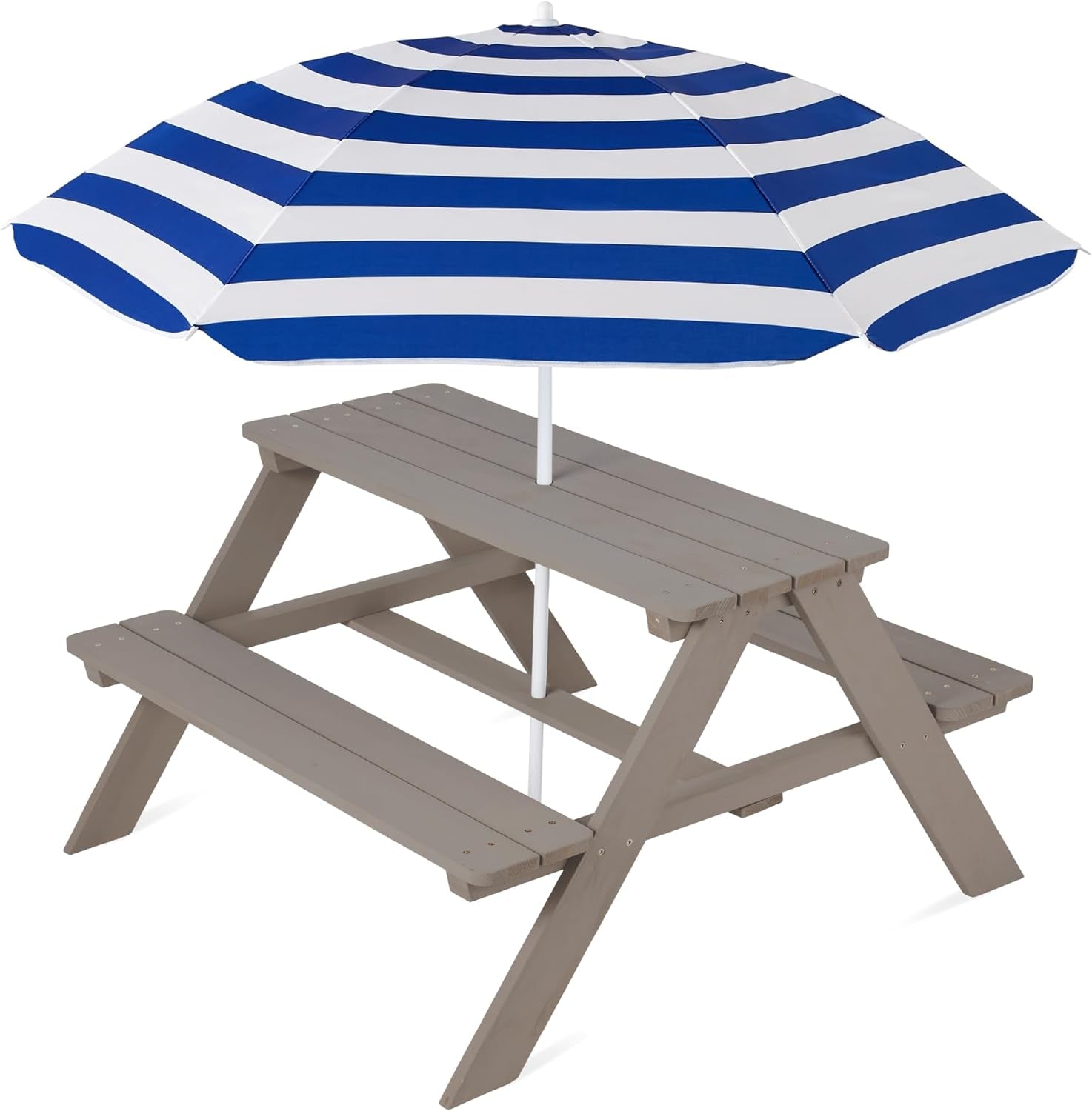 Kids Wooden Picnic Table, Outdoor Activity &amp; Dining Table W/Adjustable Collapsible Umbrella, Built-In Seats - Golden Brown/Navy