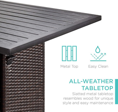 5-Piece Outdoor Wicker Bar Table Set for Patio, Poolside, Backyard W/Built-In Bottle Opener, Hidden Storage Shelf, Metal Tabletop, 4 Stools - Brown