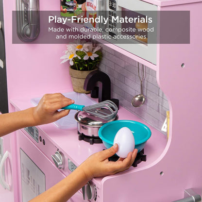 Pretend Play Kitchen Wooden Toy Set for Kids W/Realistic Design, Telephone, Utensils, Oven, Microwave, Sink - Pink