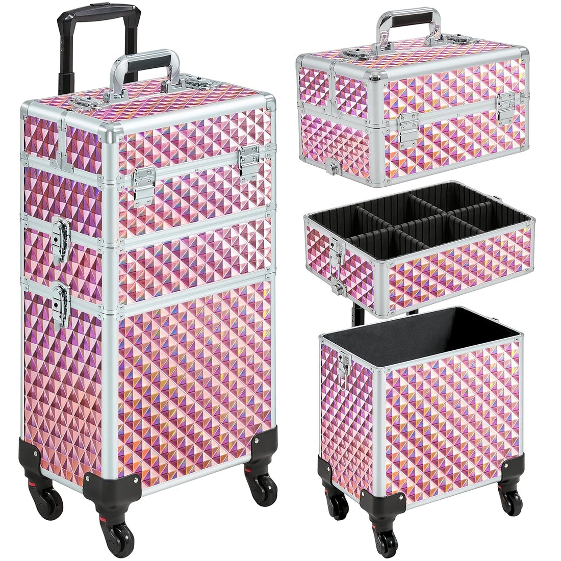 Rolling Makeup Train Case 3 in 1 Cosmetic Case Large Capacity Organizer with Swivel Wheels Key Cosmetic Trolley for Nail Tech Makeup - Pink