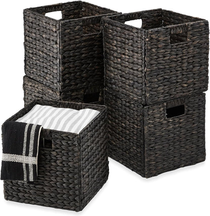 10.5X10.5In Hyacinth Baskets, Rustic Set of 5 Multipurpose Collapsible Storage Organizer, Handwoven Laundry Totes for Bedroom, Living Room, Shelves - Brown