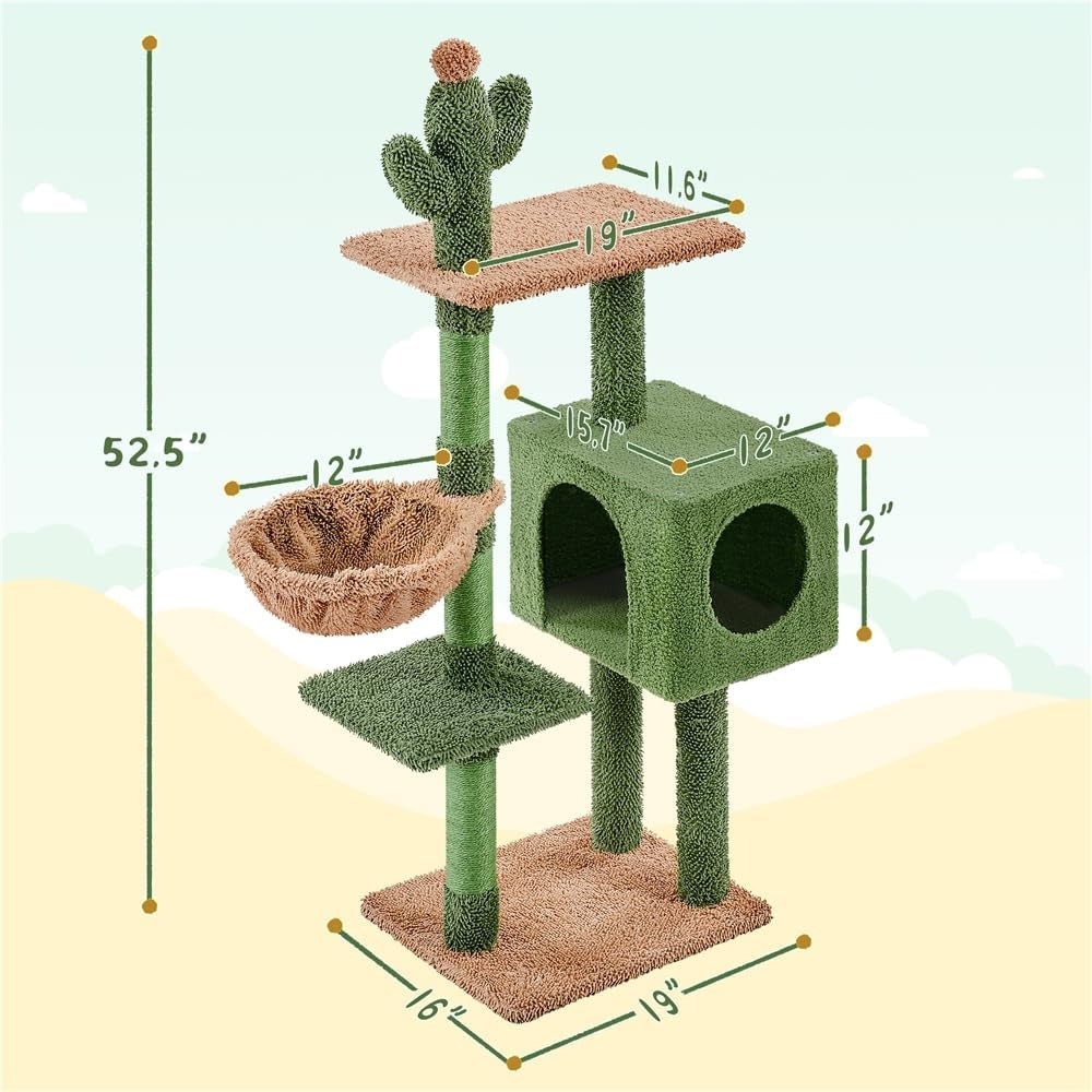 Cactus Cat Tree, 52.5In Cat Tower for Indoor Cats, Large Cat Condo Multi-Leve Scratching Post, Cat Climbing Tree with Basket, Platform, Cat Activity Center Play House Furniture, Green/Brown