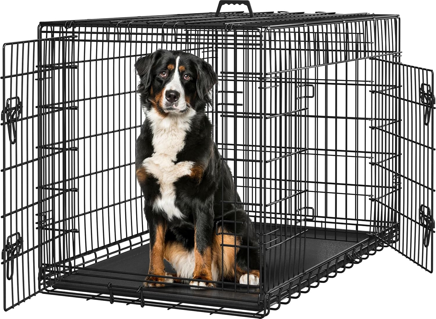 42 Inch Dog Crate Double Door Dog Crate W/Divider for Puppy to Adult XL Collapsible Metal Dog Crate with Removable Tray Wire Dog Kennel Pet Crate for Large Dogs Portable Travel Cage, Black