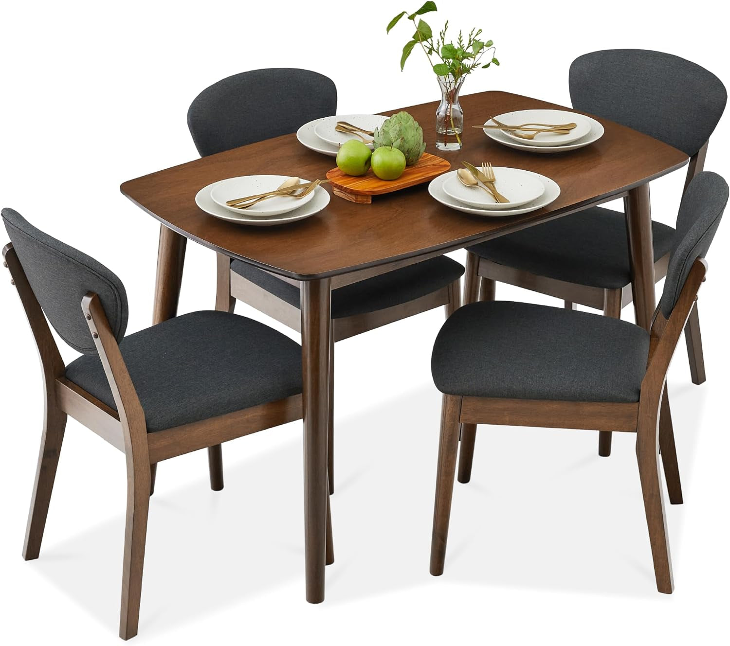 5-Piece Dining Set, Compact Mid-Century Modern Table &amp; Chair Set for Home, Apartment W/ 4 Chairs, Padded Seats &amp; Backrests, Wooden Frame - Walnut/Cream